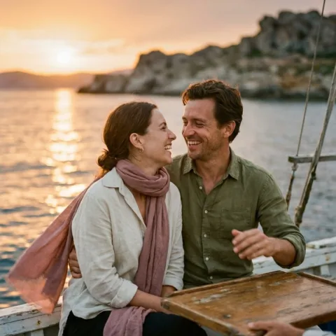 Un couple rit à l'avant d'un petit bateau en bois au coucher du soleil