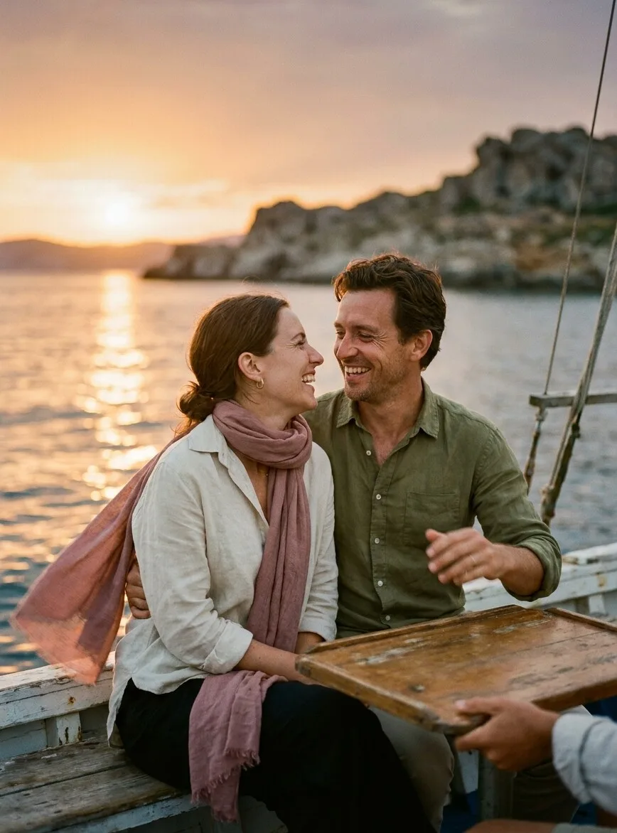 Un couple rit à l'avant d'un petit bateau en bois au coucher du soleil