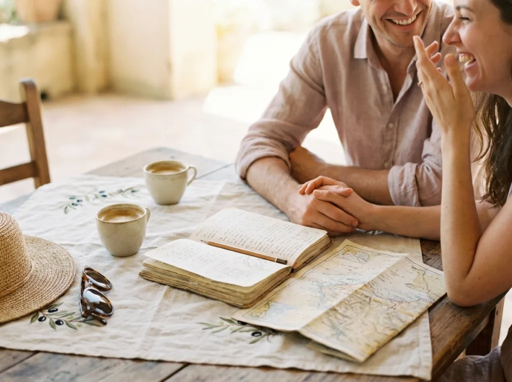 Les mains d'un couple sur un carnet de voyage ouvert et une carte routière dépliée, deux tasses de café