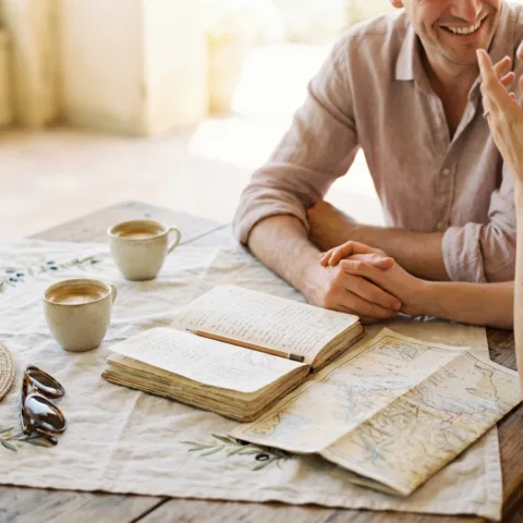 Les mains d'un couple sur un carnet de voyage ouvert et une carte routière dépliée, deux tasses de café