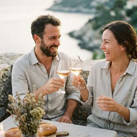 Un couple trinque en riant autour d'une petite table dressée, au crépuscule