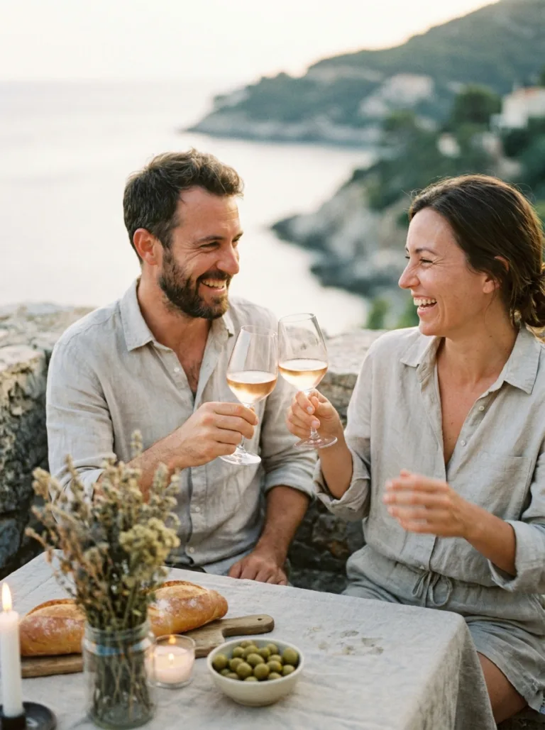 Un couple trinque en riant autour d'une petite table dressée, au crépuscule