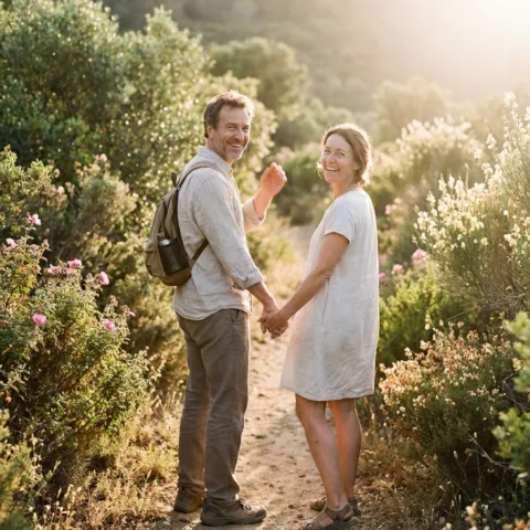 Un couple main dans la main sur un sentier bordé de maquis en fleurs, se retournant en souriant