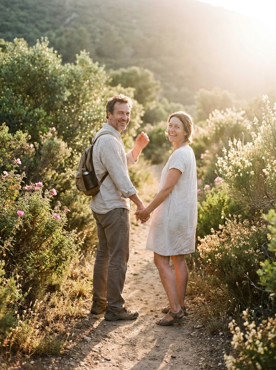 Un couple main dans la main sur un sentier bordé de maquis en fleurs, se retournant en souriant