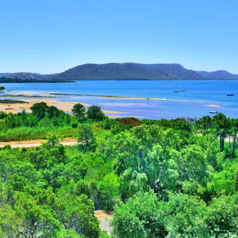 Le golfe de Porto-Vecchio vu des hauteurs : eau bleue, bancs de sable, voiliers au mouillage et maquis au premier plan (juin 2017).